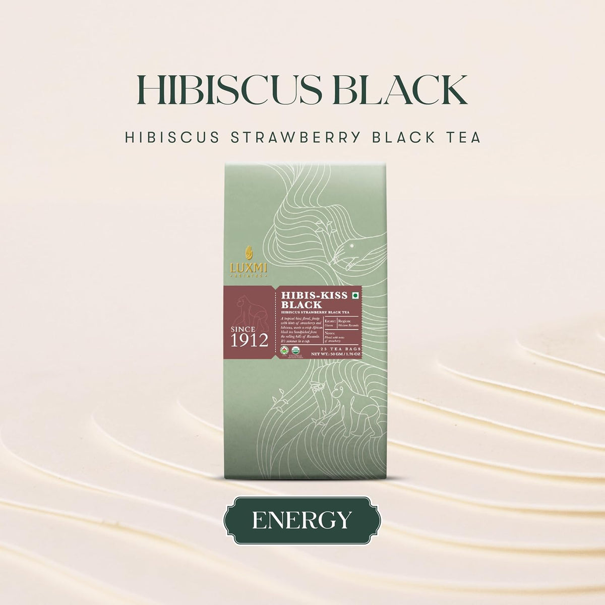 Luxmi Estates Hibis-Kiss Organic Hibiscus Tea (25 Tea Bags) Caffeinated Tea Bags For A Morning Boost and Natural Energy, With Certified Organic Black Tea