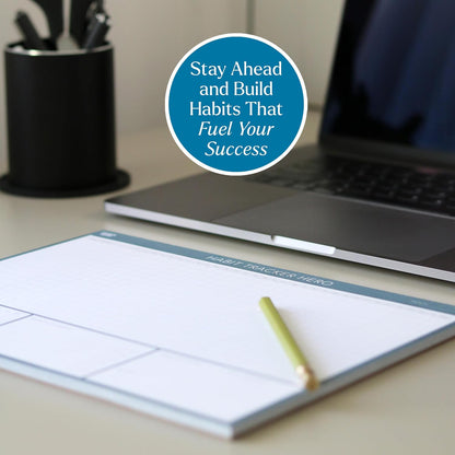 Habit Tracker Hero Desk Pad by Clear Mind Concepts® – 24 Monthly Undated Tear-Off Sheets - 160gsm Thick Paper - Includes Daily & Weekly Sections - A4 Size (Grey Blue, A4 Landscape)