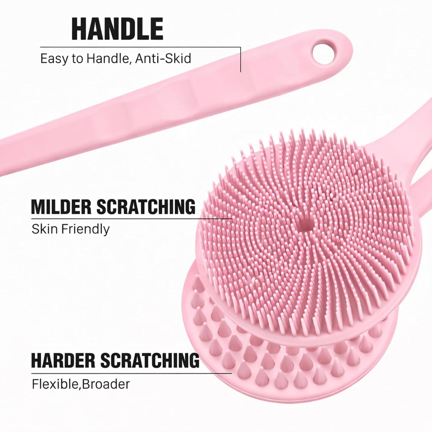 Silicone Body Scrubber for Shower Men Women – Dual-Sided Exfoliating & Massage Shower Brush with Long Handle, Creates Rich Lather, Includes 1 Hook & 2 Lather Balls (Black).