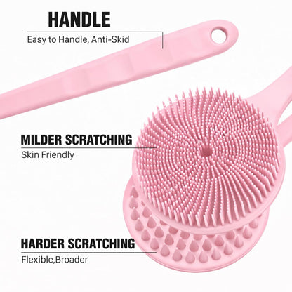 Silicone Body Scrubber for Shower Men Women – Dual-Sided Exfoliating & Massage Shower Brush with Long Handle, Creates Rich Lather, Includes 1 Hook & 2 Lather Balls (Black).
