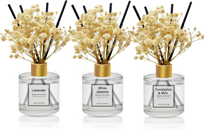 Reed Diffuser Set of 3 Pack,Clean Linen,Eucalyptus & Mint,Ocean Scented Oil Diffuser with 4 Sticks,Reed Diffusers for Home,Living Room,Bathroom Air Freshener Diffuser,50ml x 3