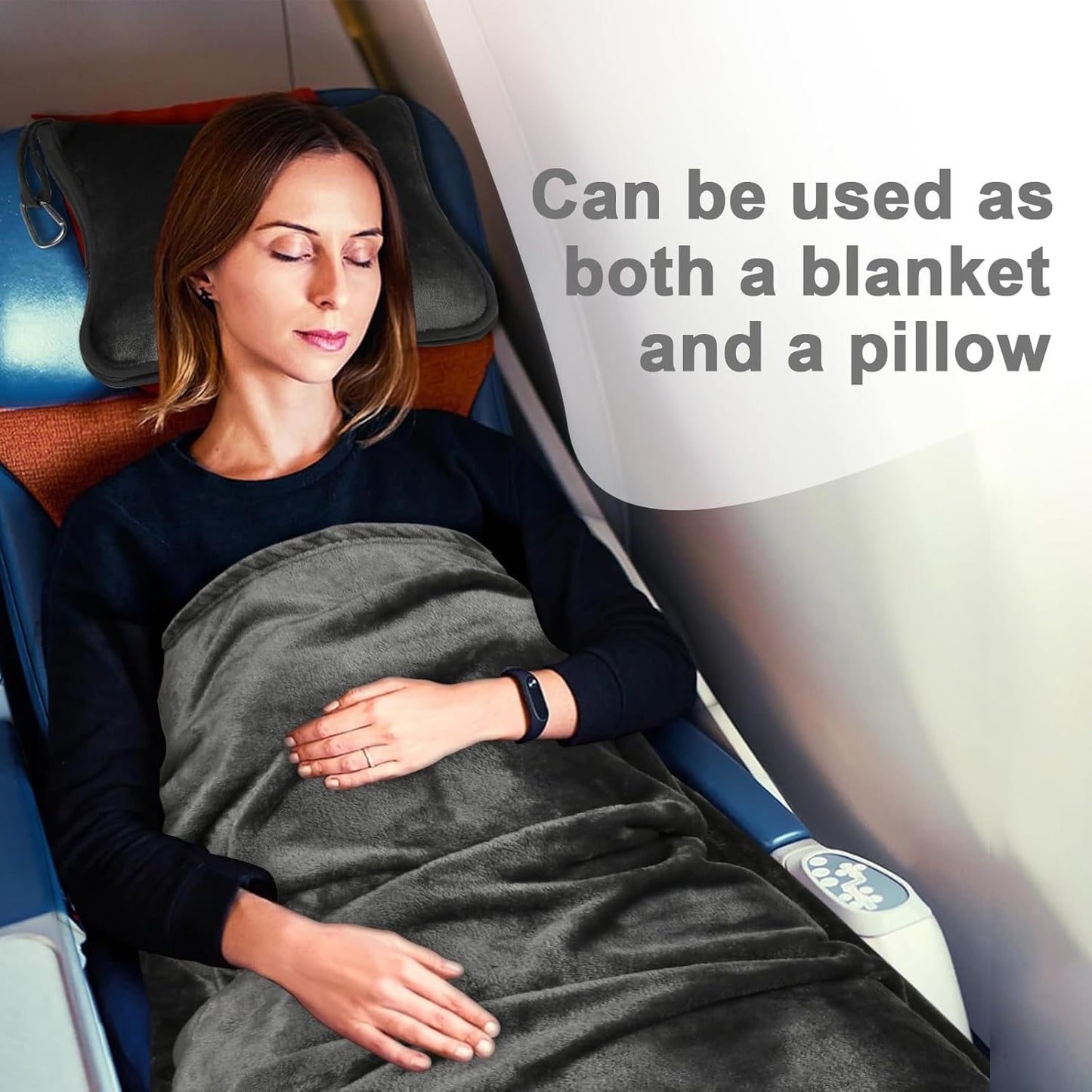 Travel Blanket and Pillow Compact, Premium Soft 2 in 1 Airplane Blanket with Soft Bag Pillowcase，Hand Luggage Sleeve and Backpack Clip (Checkered Black)
