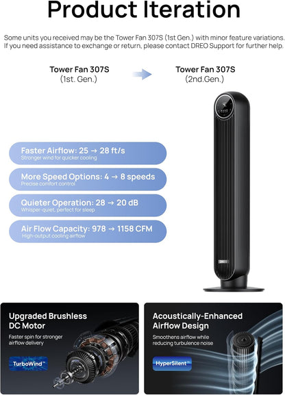 DREO Tower Fan for Bedroom, 2026 Upgraded DC Motor, 28ft/s Smart Standing Fans, 90° Oscillating Floor Fan with 20dB Ultra Quiet, 8 Speeds 4 Modes, 8H Timer, Bladeless, Remote, WiFi Voice Control