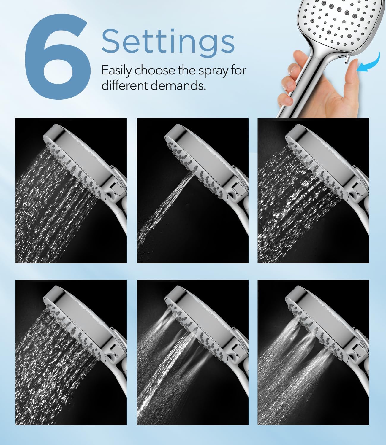 MakeFit Filtered Shower Head Black - 6 Modes High Pressure Handheld Shower Head with Filter Mineral Beads, Detachable Handheld Showerhead Set with Stainless Steel Hose and Shower Arm Bracket