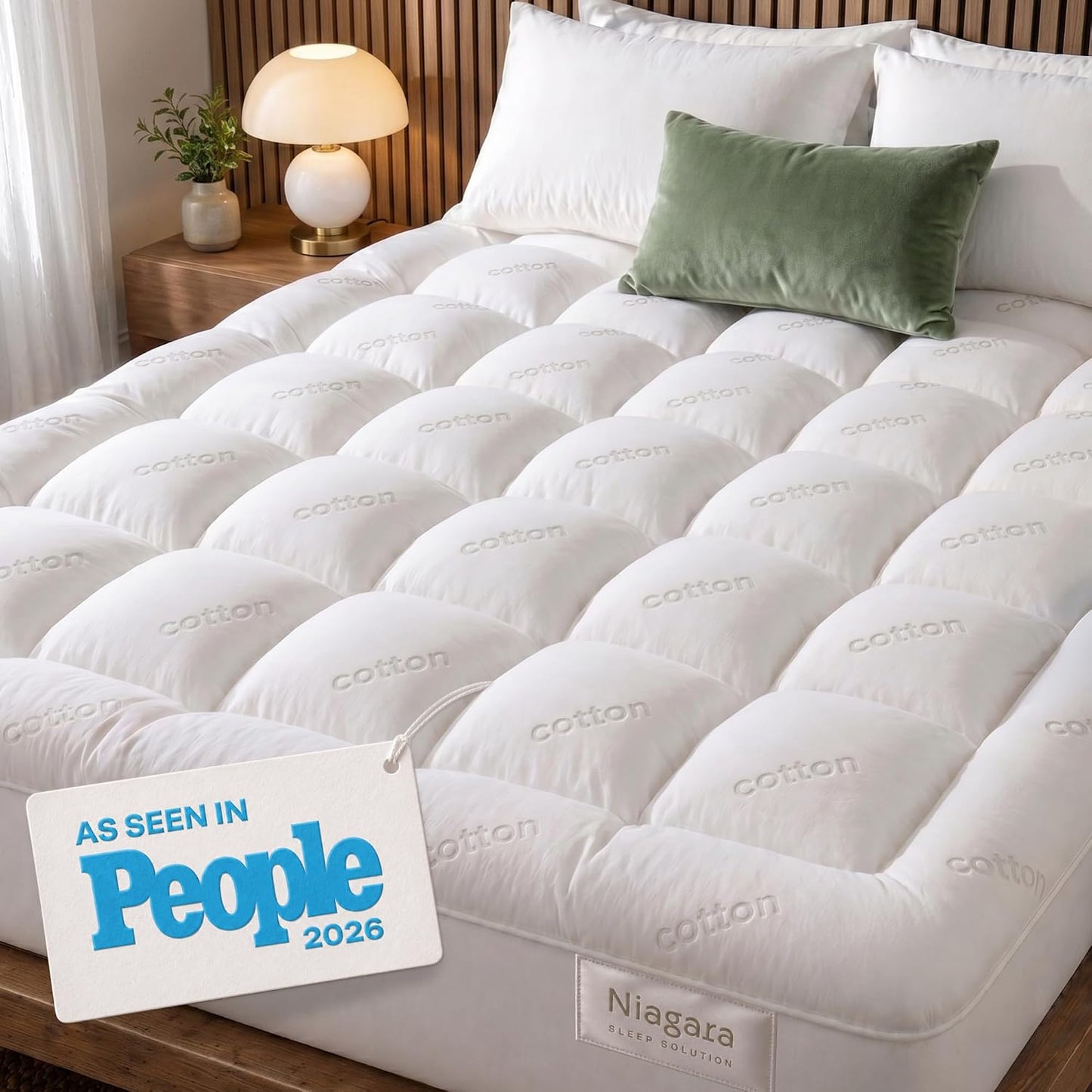 Niagara Sleep Solution Cloud-Like Queen Non-Slip Mattress Topper - 100% Cotton Top Mattress Pad for Back Pain Relief - Extra-Grip, Breathable & Naturally Cooling for Hot Sleepers, White