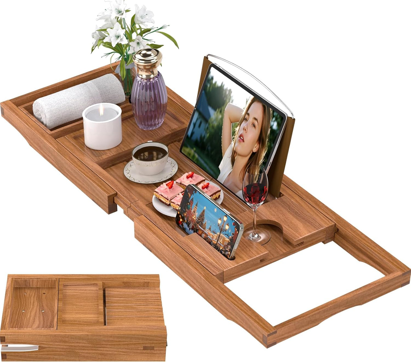 Expandable Bamboo Bathtub Caddy Tray for Luxury Bath