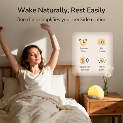 HOUSBAY Sunrise Alarm Clock Radio for Bedroom – Wake Up Naturally with Gentle Light & Nature Sounds, Relax with Bluetooth Speaker & Night Light