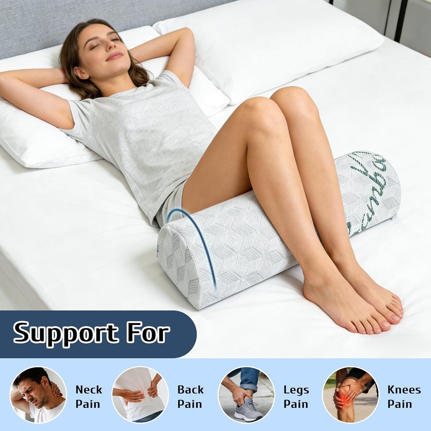 Semi Roll Pillow, Under Knee Pillow | Under Leg Bolster for Lower Back Support, Half Moon Bed Pillow for Leg, Knee,Back Sleeping, 7.8”x 20.4”x 4.8”