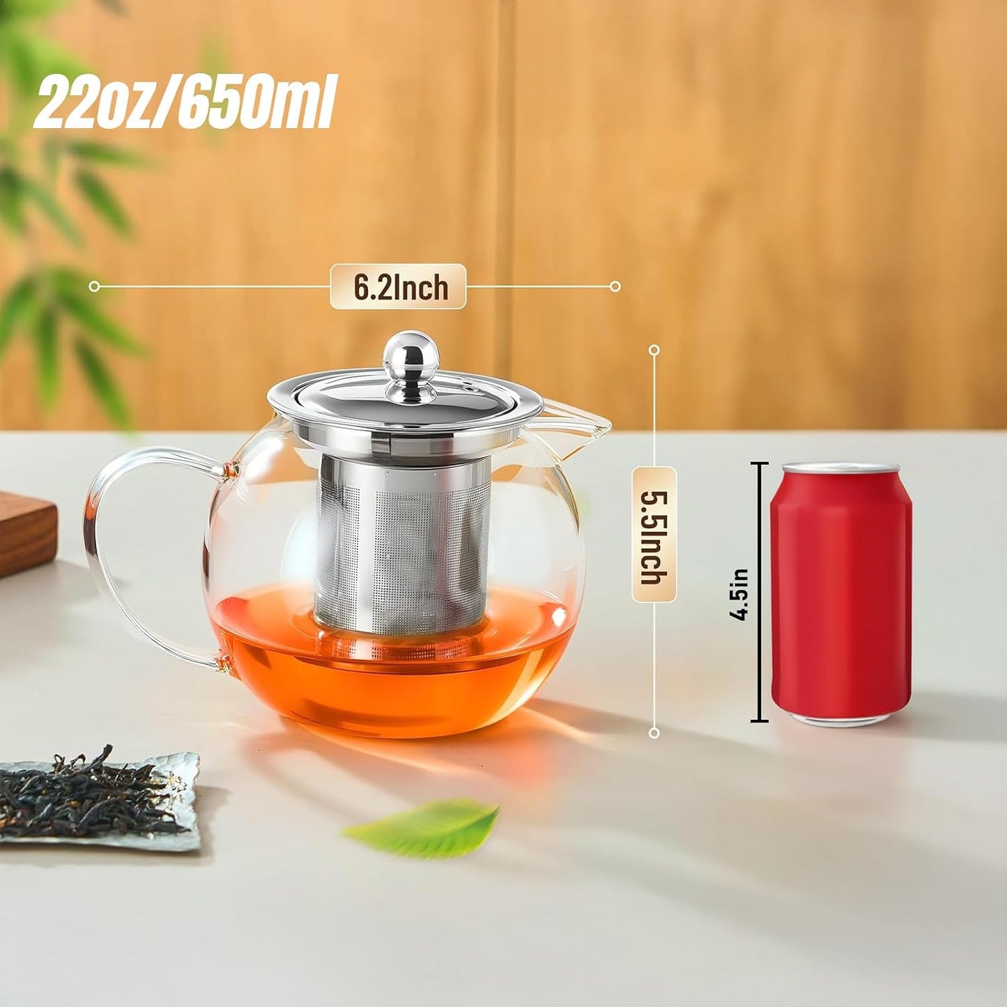 Baalaka Glass Teapot Stovetop 20 OZ/600ml, Tea pot with Removable 18/8 Stainless Steel Infuser, Borosilicate Clear Tea Kettle, Teapot Blooming and Loose Leaf Tea Maker Tea Brewer for Camping, Travel