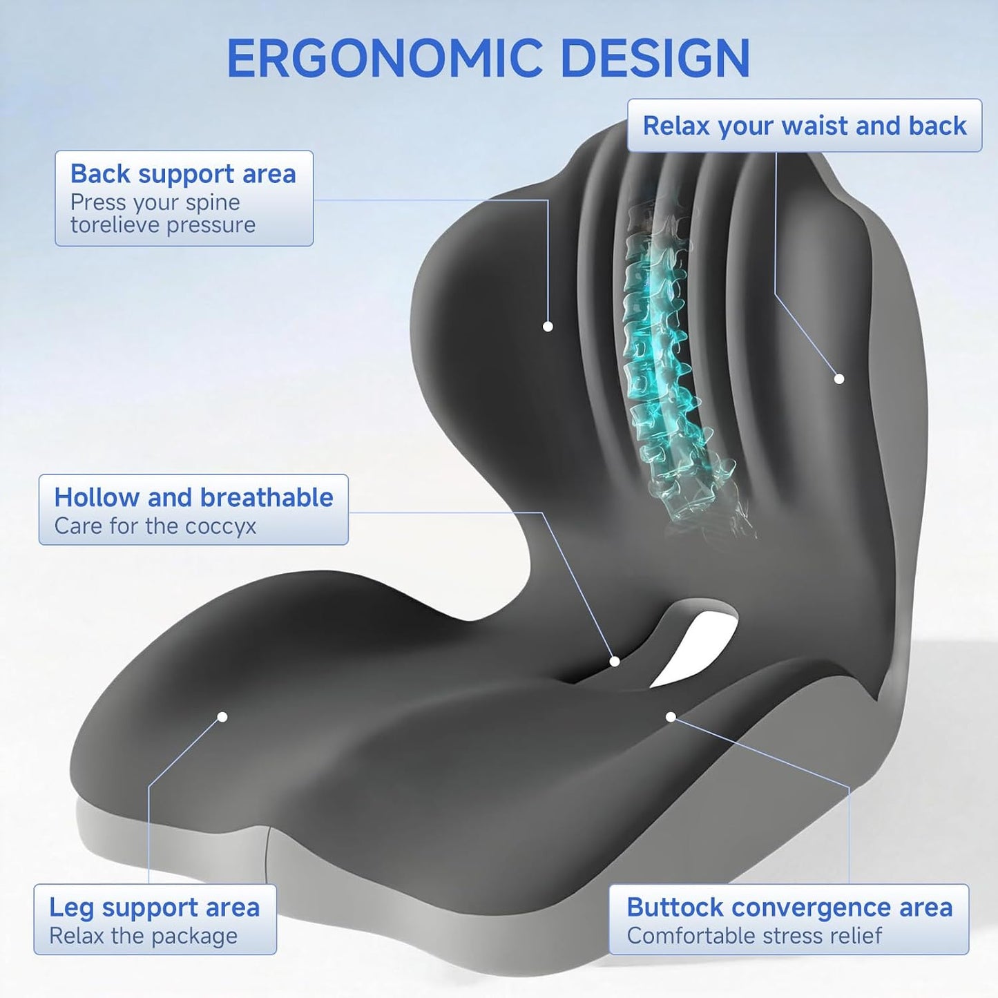 Ergonomic Car Seat Cushion with Lumbar Support, Pressure-Responsive Memory Foam, Enhanced Pelvic Stability for Pressure Relief, Ideal for Long Driving, Office & Home (Gray)