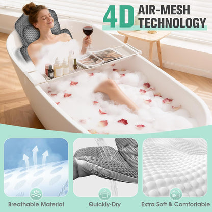 Upgraded Full Body Bath Pillow for Bathtub,Luxury Thick Bath Cushion for Soaking Tub with 192 Suction Cups,Full Body Bathtub Pillows for Head and Neck Shoulder Support,4D Air Mesh, 53" x 16" Dark Gray