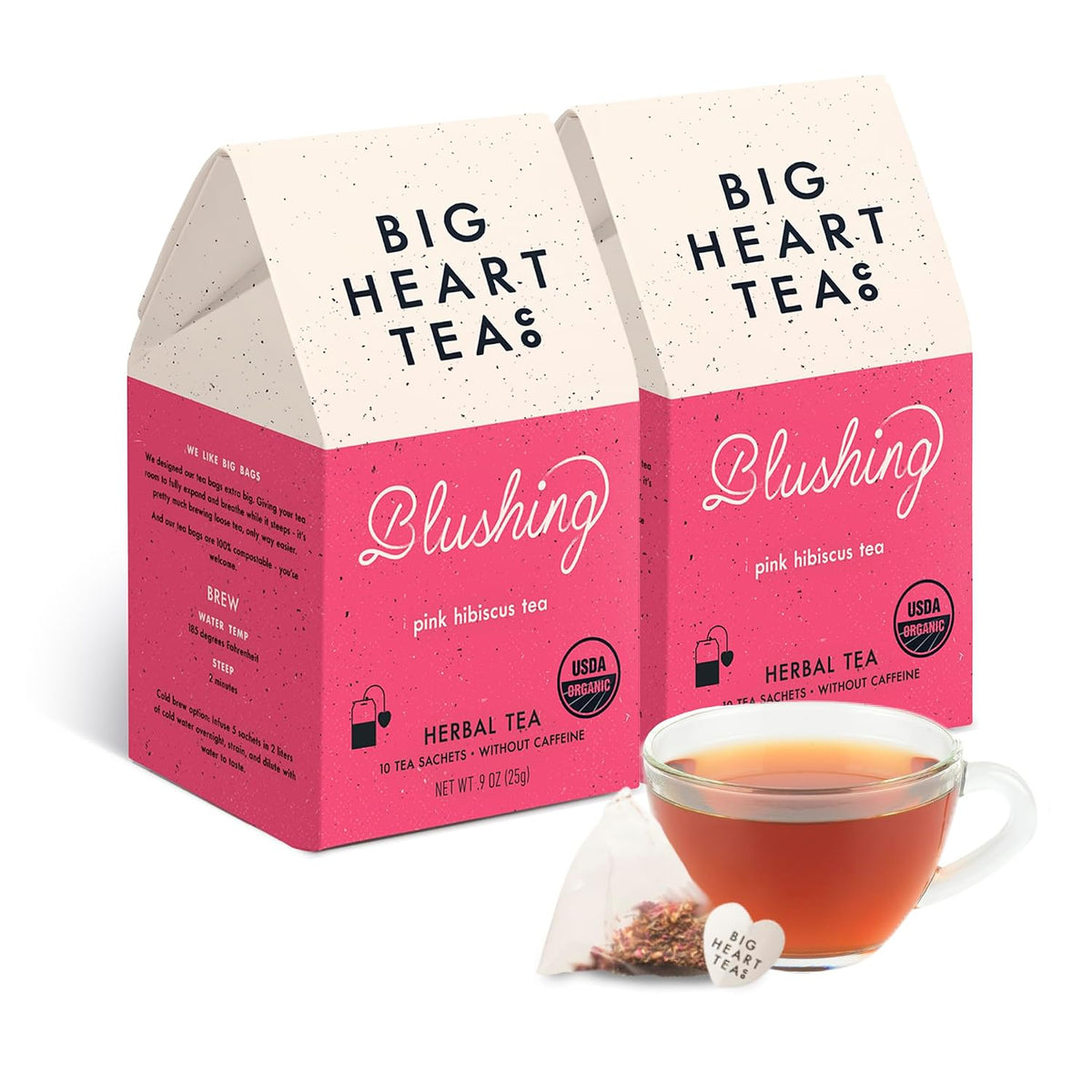 Big Heart Tea Co. Tea Bags - Blushing Pink Hibiscus - Certified Organic, Naturally Sweet Ayurvedic Herbal Decaf Tea with Small Batch Ground Herbs - Adaptogenic Tulsi and Lemongrass, 20 Tea Bags