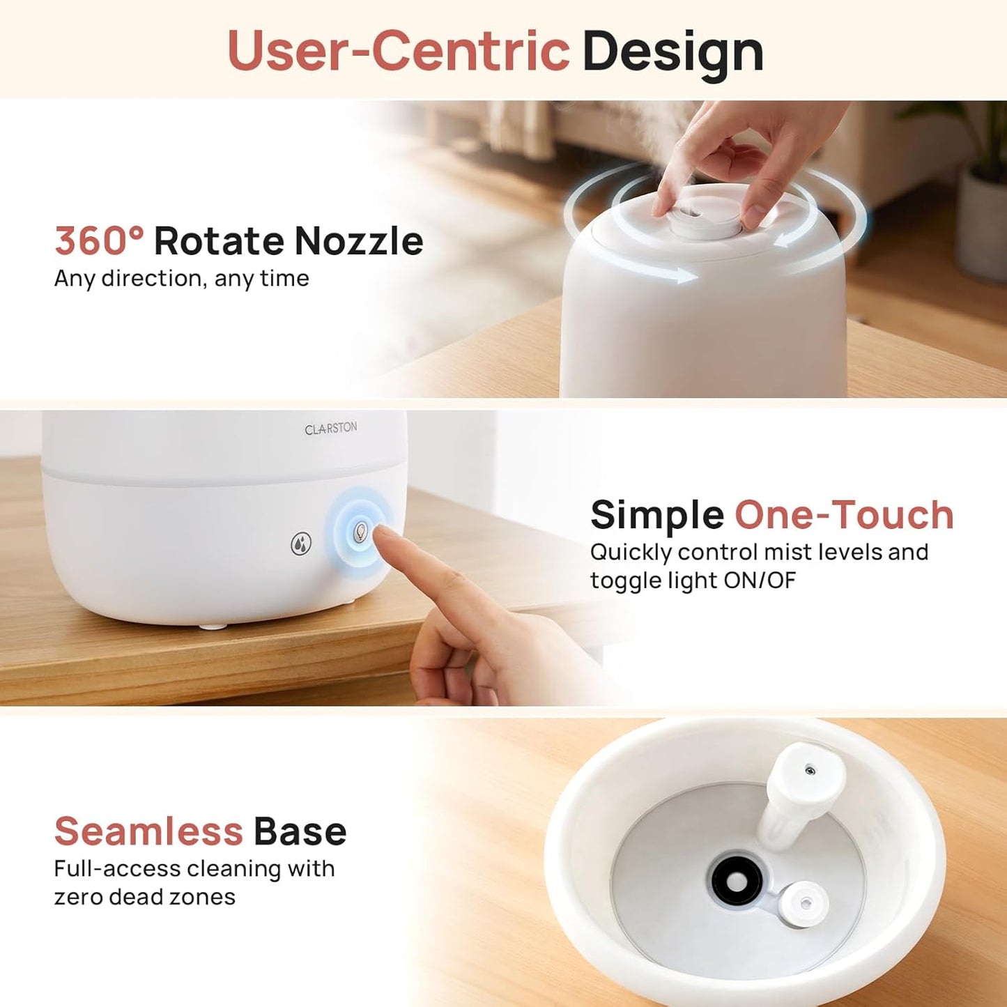 Clarston 2L Cool Mist Humidifier for Bedroom with 360° Adjustable Nozzle, High and Low Mist Levels, Ultra-Low Noise, Light-Off, No BPA, Auto Shut Off, Ideal Baby Humidifier with Easy Top Filling