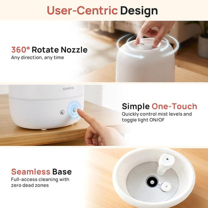 Clarston 2L Cool Mist Humidifier for Bedroom with 360° Adjustable Nozzle, High and Low Mist Levels, Ultra-Low Noise, Light-Off, No BPA, Auto Shut Off, Ideal Baby Humidifier with Easy Top Filling