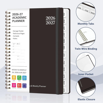 Planner 2026-2027, Weekly and Monthly Calendar Planner, JUL 2026 - JUN 2027 | A5(6.3'' x 8.5''), Hardcover, Agenda Book, Sprial Bound, Inner Pocket, Office and School Use
