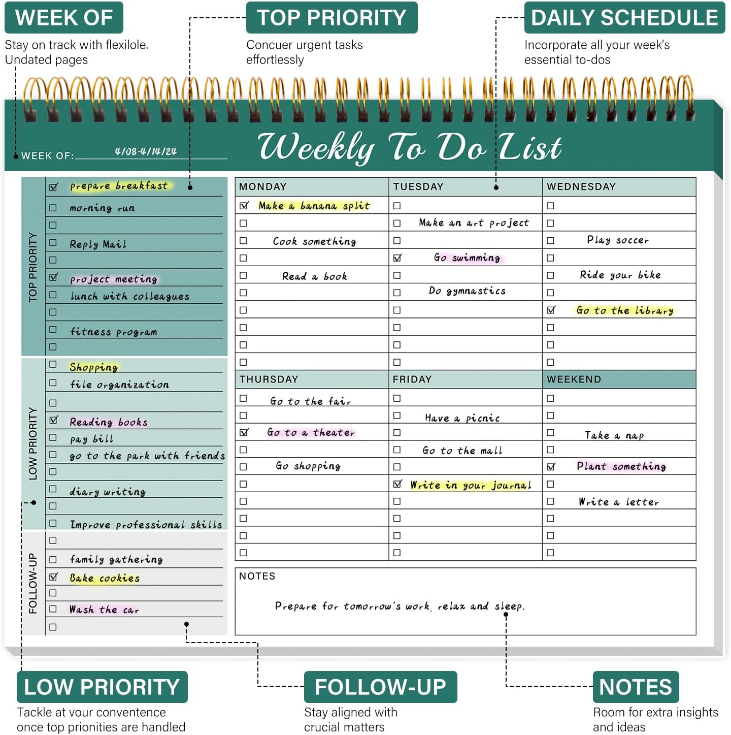 Weekly To Do List Notepad with 52 Undated Sheets（8.5"×11"）- Weekly Desk Planner Pad with Spiral Binding for Women & Man, Office, School and Home Personal Organizer