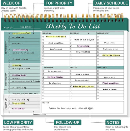 Weekly To Do List Notepad with 52 Undated Sheets（8.5"×11"）- Weekly Desk Planner Pad with Spiral Binding for Women & Man, Office, School and Home Personal Organizer