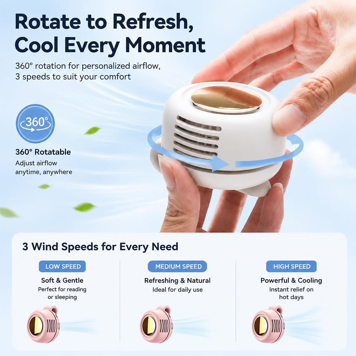 Portable Clip-On Fan, Mini Bladeless Waist Fan, 5100RPM 25dB Ultra-Quiet 3-Speed Rechargeable Small Whirlwind Fan, Hands-Free Personal Cooling for Outdoor Travel Office Camping with USB-C