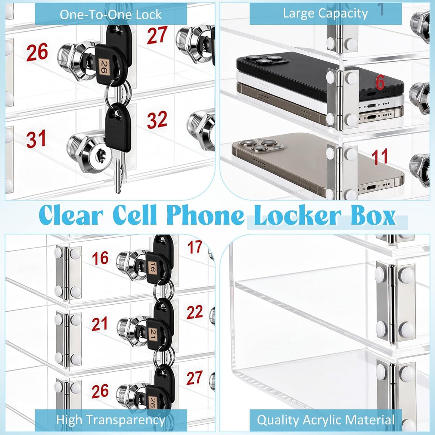 Layhit 20 Slots Cell Phone Locker Box for Classroom Clear Acrylic Cell Phone Storage Cabinet Bin with Door Locks for Classroom School Students Office Factory Employees