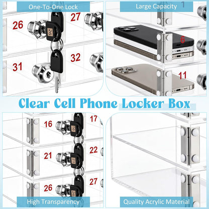 Layhit 20 Slots Cell Phone Locker Box for Classroom Clear Acrylic Cell Phone Storage Cabinet Bin with Door Locks for Classroom School Students Office Factory Employees