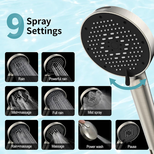 SR SUN RISE NSF Certified Filtered Shower Head with Handheld for Hard Water to Remove Chlorine High Pressure 9-Spray Setting (with Power Wash) Anti-Clog Nozzles (1 Filter, Chrome Silver)