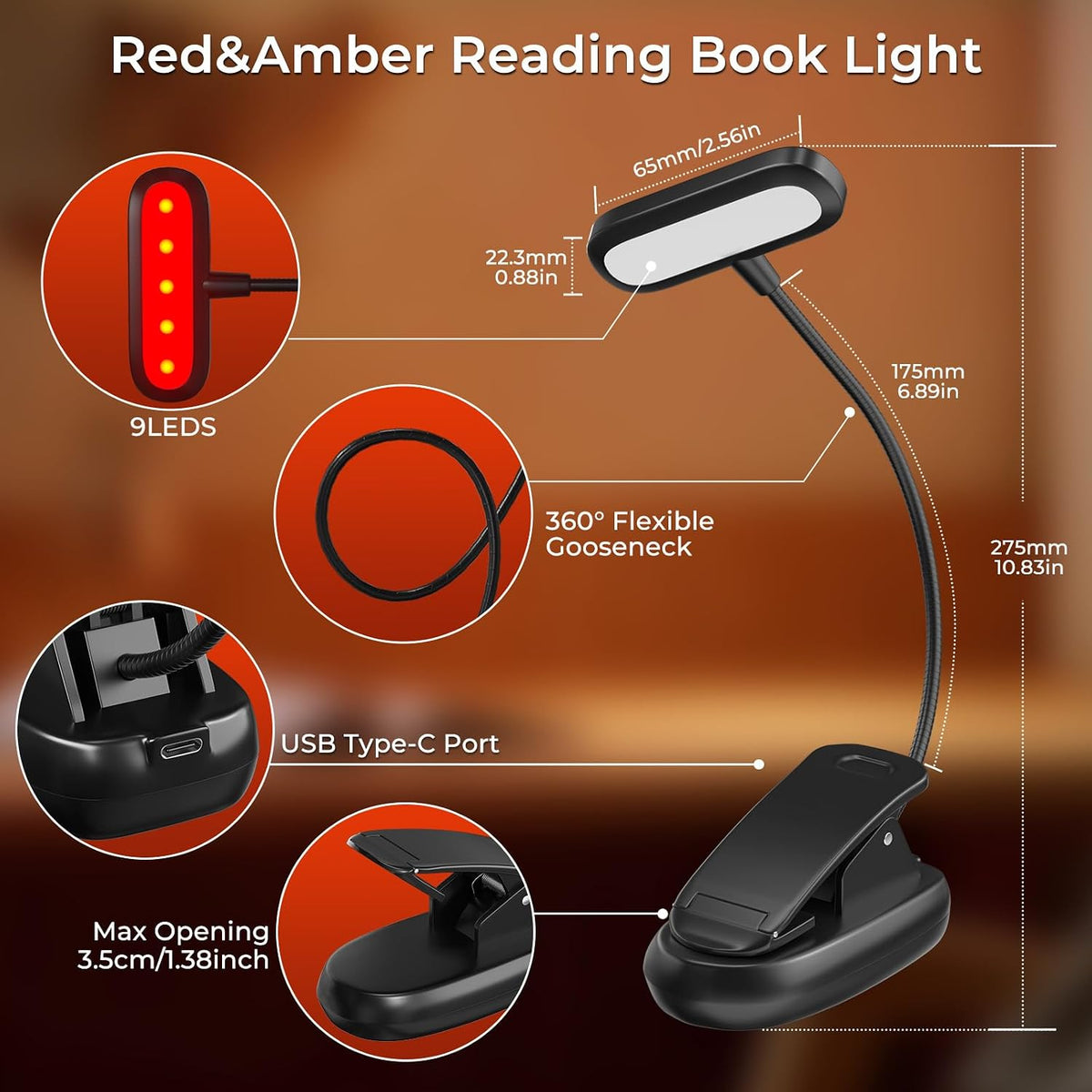 670nm Red Book Light, Rechargeable Dimmable Blue Light Blocking Reading Lamp with Amber and Red Lighting for Kids Reading at Night in Bed, 1000mAh USB-C Charge