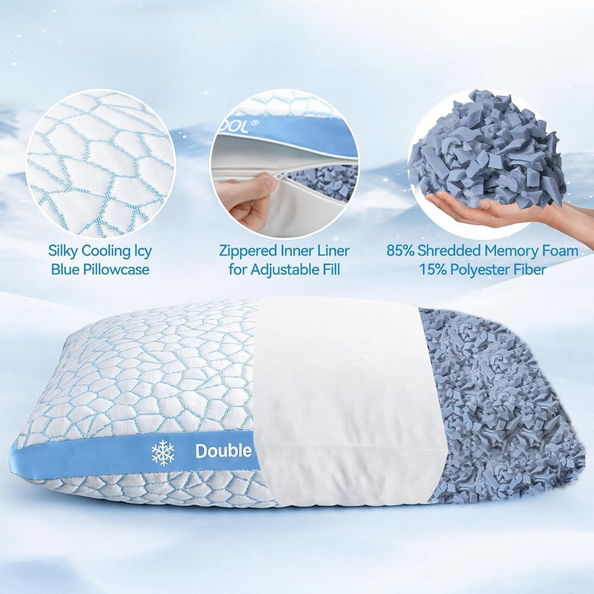 QUTOOL Double Sided Cooling Pillow for Hot Sleepers, Shredded Memory Foam Pillows Queen Size Set of 2, Adjustable Soft & Firm Gel Bed Pillow for Side, Back, Stomach Sleepers