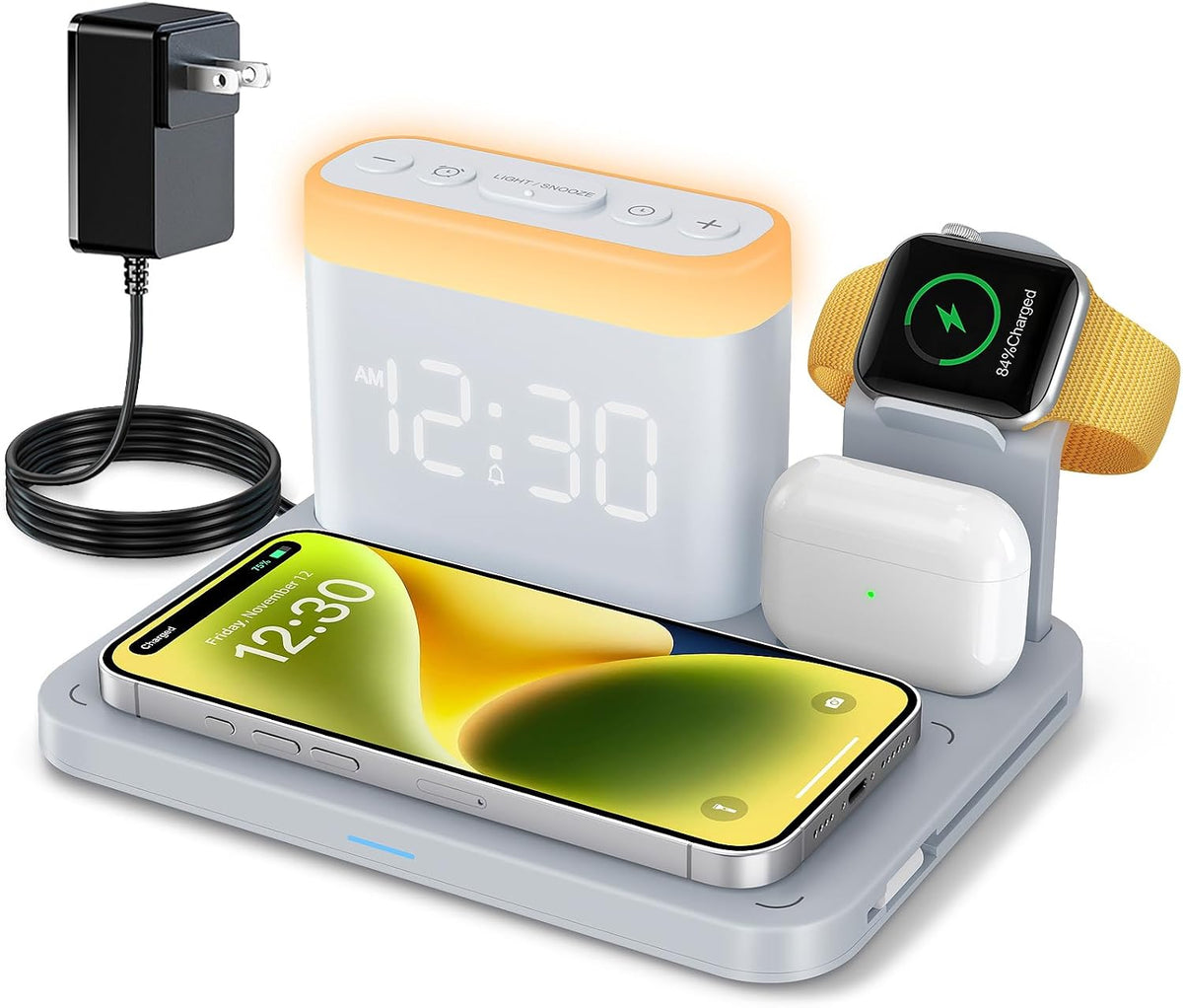 ANJANK Wireless Charging Station,5 in 1 Multiple Charger Stand with Alarm Clock,7 Night Light,Magnetic Charging Dock for iPhone 18 17 16 15 14 13 Pro Max Plus,Apple Watch 11/10/9/8,for Airpods,Bedroom