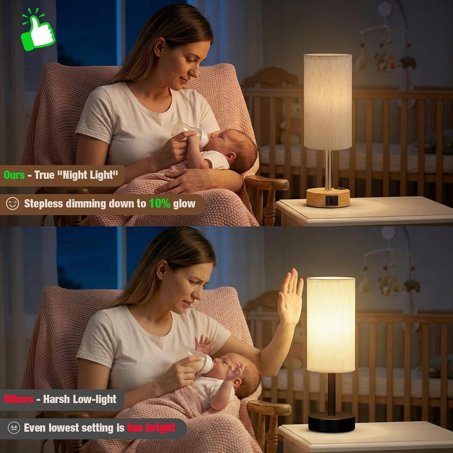 Touch Bedside Table Lamp with Memory - Stepless Dimmable Lamp for Bedroom, Small Nightstand Lamp with Dual USB Charging Ports and AC Outlet, Wood Night Light, Desk Lamp for Nursery, Living Room, Dorm