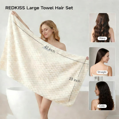 REDKISS 3 Pack Microfiber Hair Towels - Extra Large Hair Towel Wrap for Women, 24x42 inch Hair Towels with Elastic Strap, Super Soft Hair Drying Towels for Long, Thick, Curly Anti Frizz Turbans