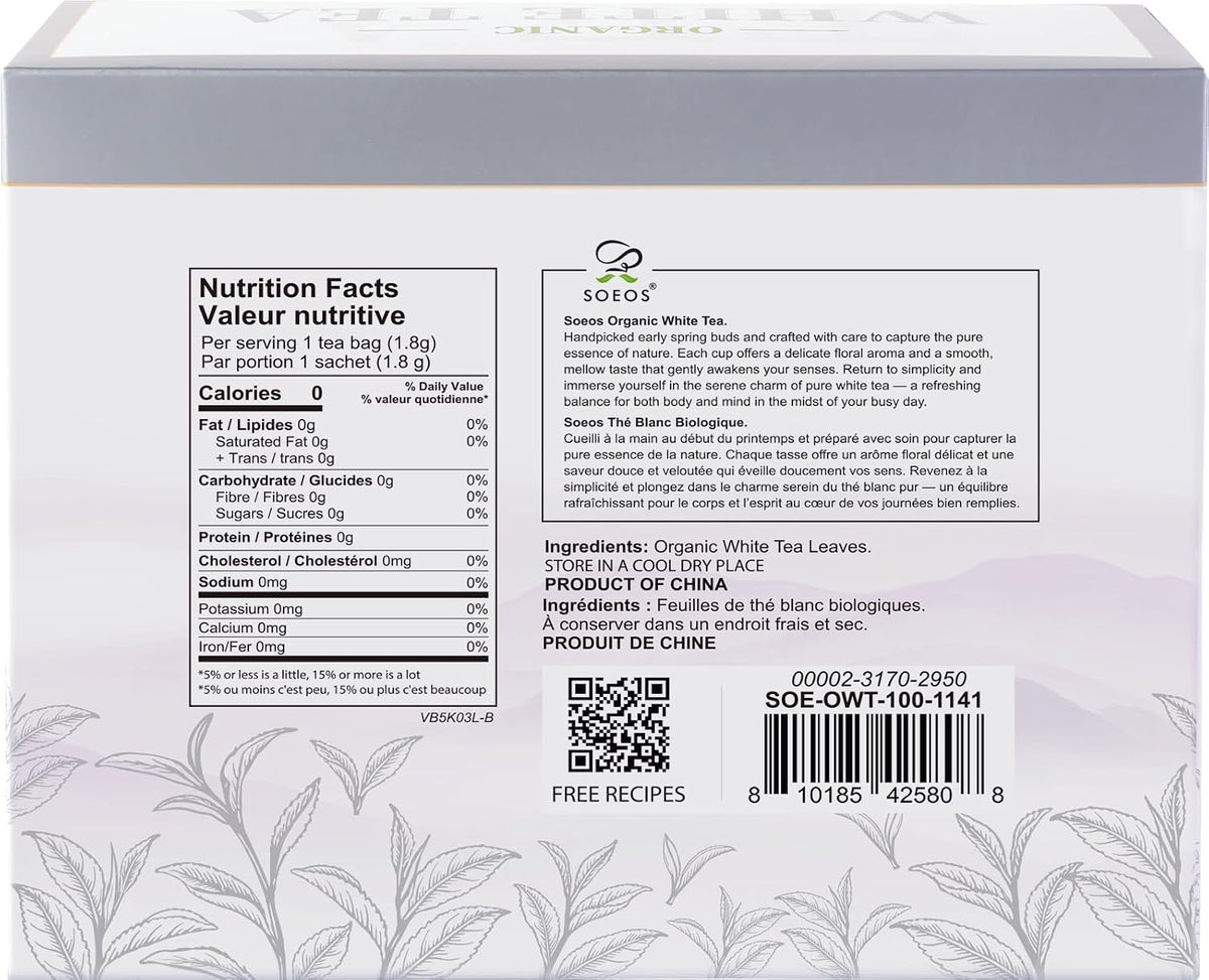 Soeos Organic White Tea, 100 Tea Bags, Individually Wrapped Teabags, Low Caffeine, Subtle Floral Aroma & Smooth Taste, Quality Tea for Everyday Brewing, Perfect for Hot or Iced Tea Lovers, 6.3oz (180g)