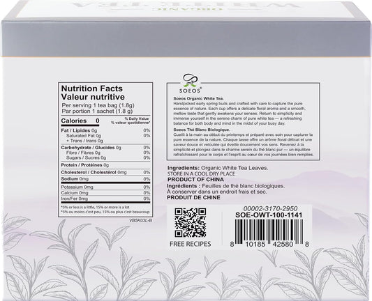 Soeos Organic White Tea, 100 Tea Bags, Individually Wrapped Teabags, Low Caffeine, Subtle Floral Aroma & Smooth Taste, Quality Tea for Everyday Brewing, Perfect for Hot or Iced Tea Lovers, 6.3oz (180g)