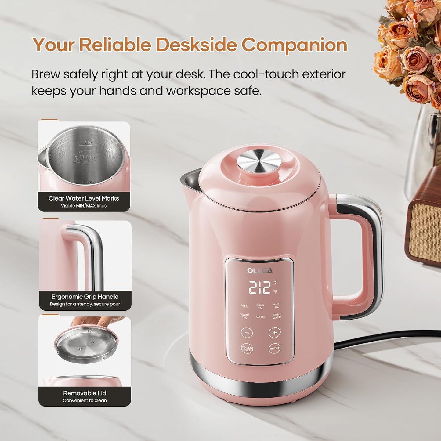 Electric Kettle Temperature Control: OLEGA 1.5L Stainless Steel Smart Kettle Hot Water Boiler, 6 Temp Presets, 1200W Fast Boiling Electric Tea & Coffee Kettle, Electric Kettles Teapot for Home -Green
