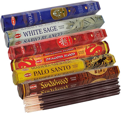 Hem Incense Sticks Variety Pack #23-120 Insence-Sticks (6 Incents x 20 Insense) + Incense Stick Holder with 6 Most Liked Scents Including Patchouli Dragons Blood White Sage Frankincense-Myrrh