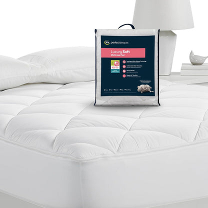 Serta Luxury Firm 100% Cotton Quilted Mattress Pad with Cooling Fiber Fill, King, White