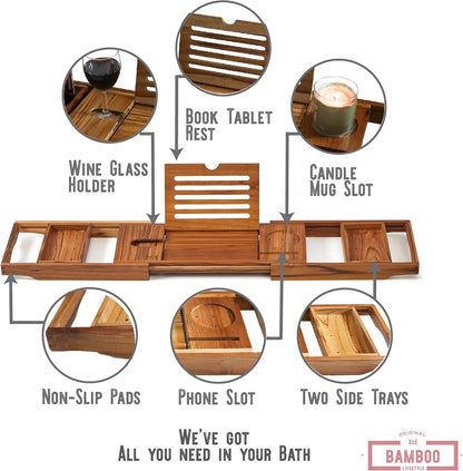 XcE Bamboo Bathtub Caddy Tray with Book Stand & Soap Holder, Brown
