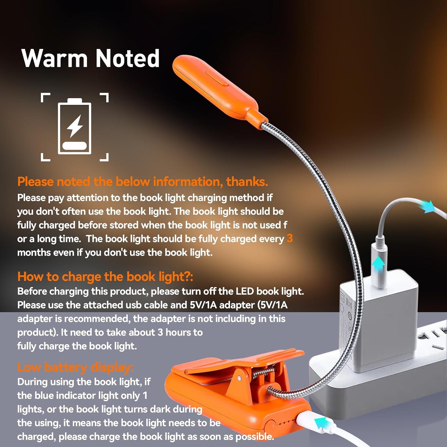 VAVOFO Amber Rechargeable Reading Light, Blue Light Blocking Book Light, 7 LEDs Eye Care 9 Colors 9 Brightness Clip On for Kids Bookworms Reading in Bed with Power Indicator Lasting 70h (Black)
