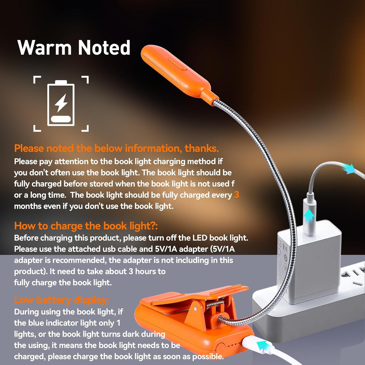 VAVOFO Amber Rechargeable Reading Light, Blue Light Blocking Book Light, 7 LEDs Eye Care 9 Colors 9 Brightness Clip On for Kids Bookworms Reading in Bed with Power Indicator Lasting 70h (Black)