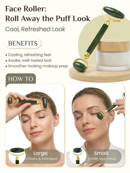 Rena Chris Gua Sha and Face Roller Set: Anti-Breakage Jade Roller for Long-Lasting Use, Jawline Sculpting and Puffiness Reducing, Gua Sha Facial Tools for Self Care Gift (Green)