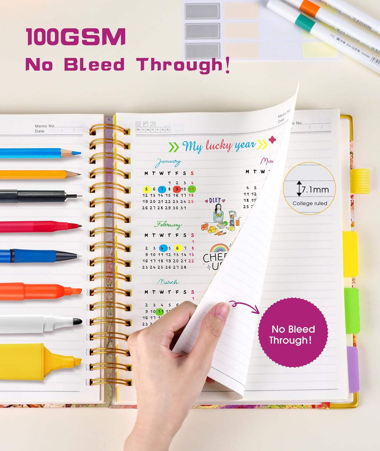 Hardcover Spiral Notebook journal with Removable Dividers Tabs, 300 Pages Leather 5 Subject Notebook College Ruled, 8"x10" Large B5 Notebooks for Work School Note taking, Lined Journal for Women,Black
