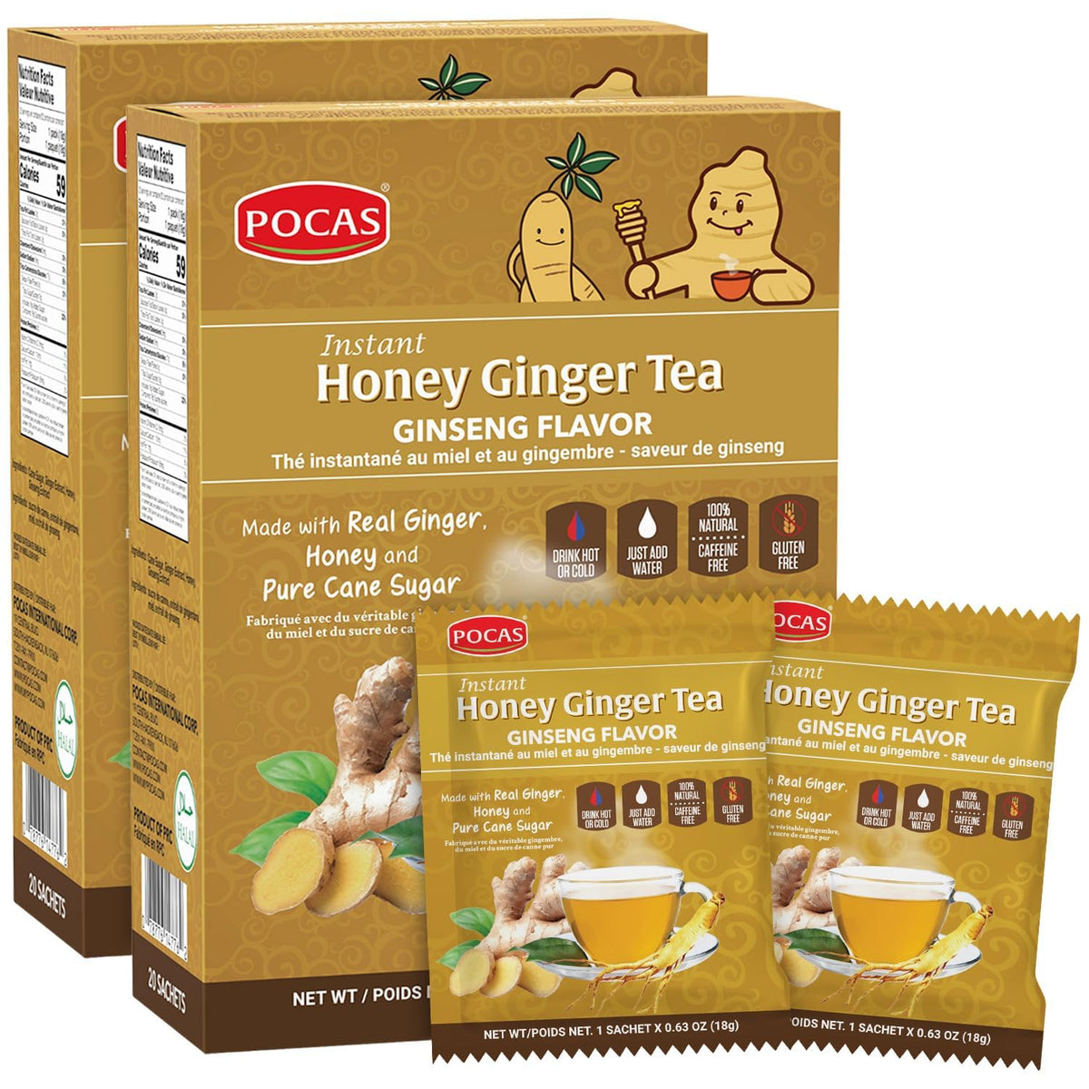 Pocas Honey Ginger Instant Tea Powder 2-Pack with Ginseng Flavor, Real Ginger Extract & Sweetener, Caffeine-Free Tea, 20 Packets