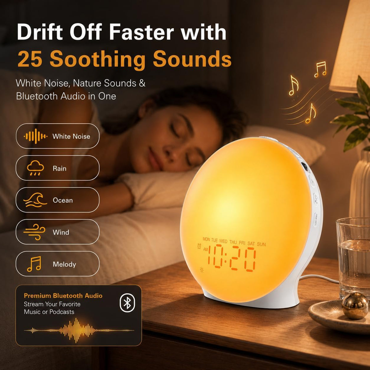 JALL Sunrise Alarm Clock White Noise Machine with 25 Nature Sleep Sounds, Fully Dimmable Clock for Bedrooms, Heavy Sleepers, 17 Light Modes, Bluetooth Speaker
