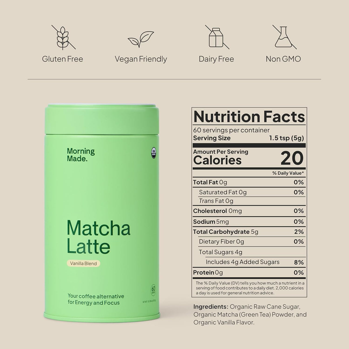 Morning Made Vanilla Ceremonial Grade Matcha Powder - USDA Organic Japanese Green Tea Matcha Powder from Uji Japan - Vegan, Gluten-Free, Resealable Tin (10.6 oz, 60 Servings)