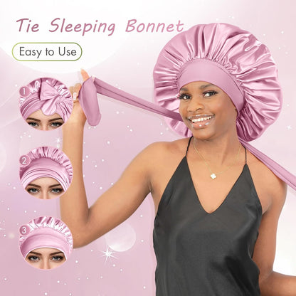 BONNET QUEEN Silk Bonnet for Sleeping for Women Satin Bonnet Night Cap for Curly Hair with Tie Band, Single Layer, Cream Pink