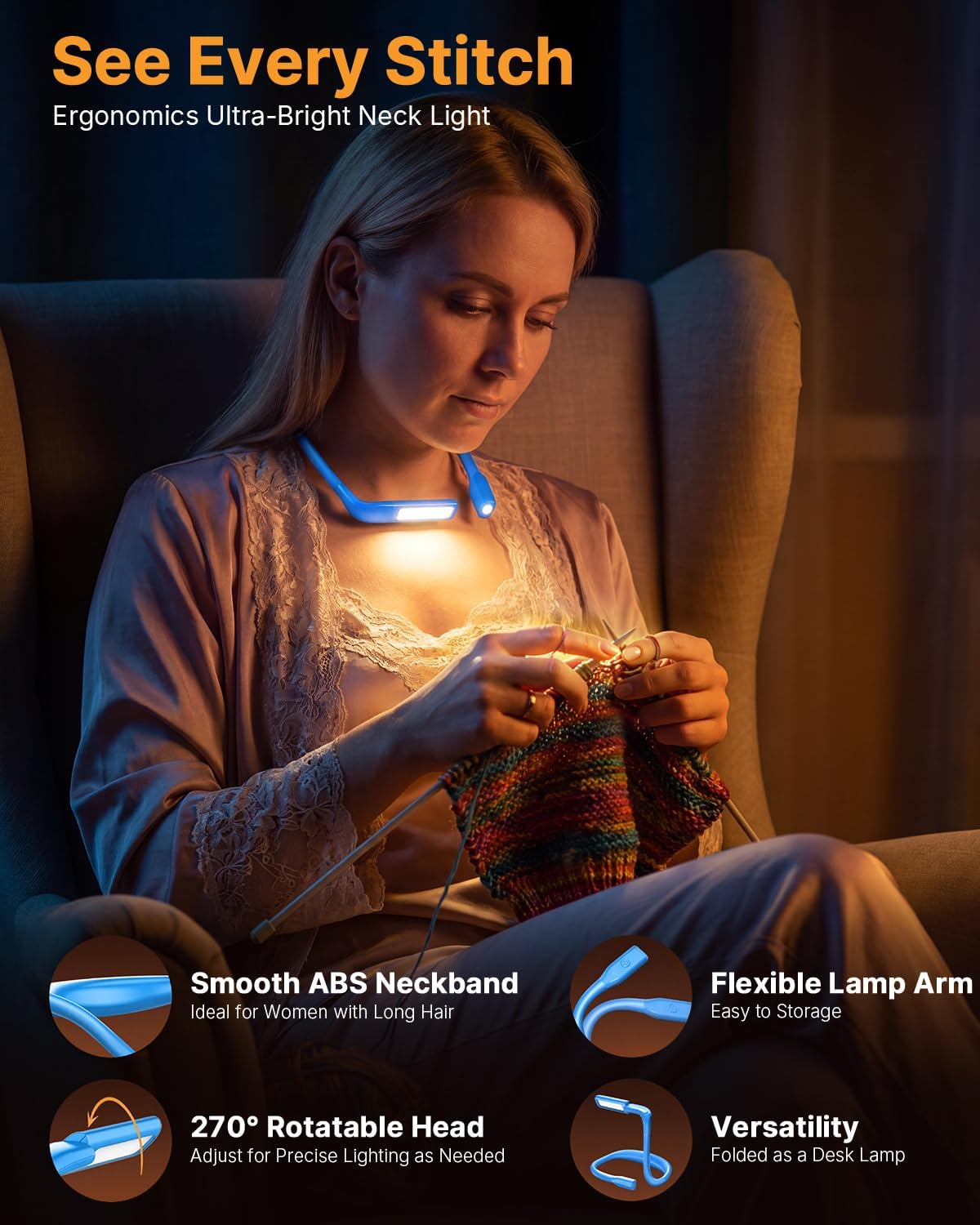 Reading Light, Rechargeable Neck Light, Stepless Dimming Book Light