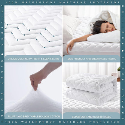 UNILIBRA Queen Mattress Protector Waterproof, Deep Pocket Mattress Pad Cover Fits to 6''-21'', Breathable Hollow Cotton Filling Quilted Mattress Protector for Queen Size
