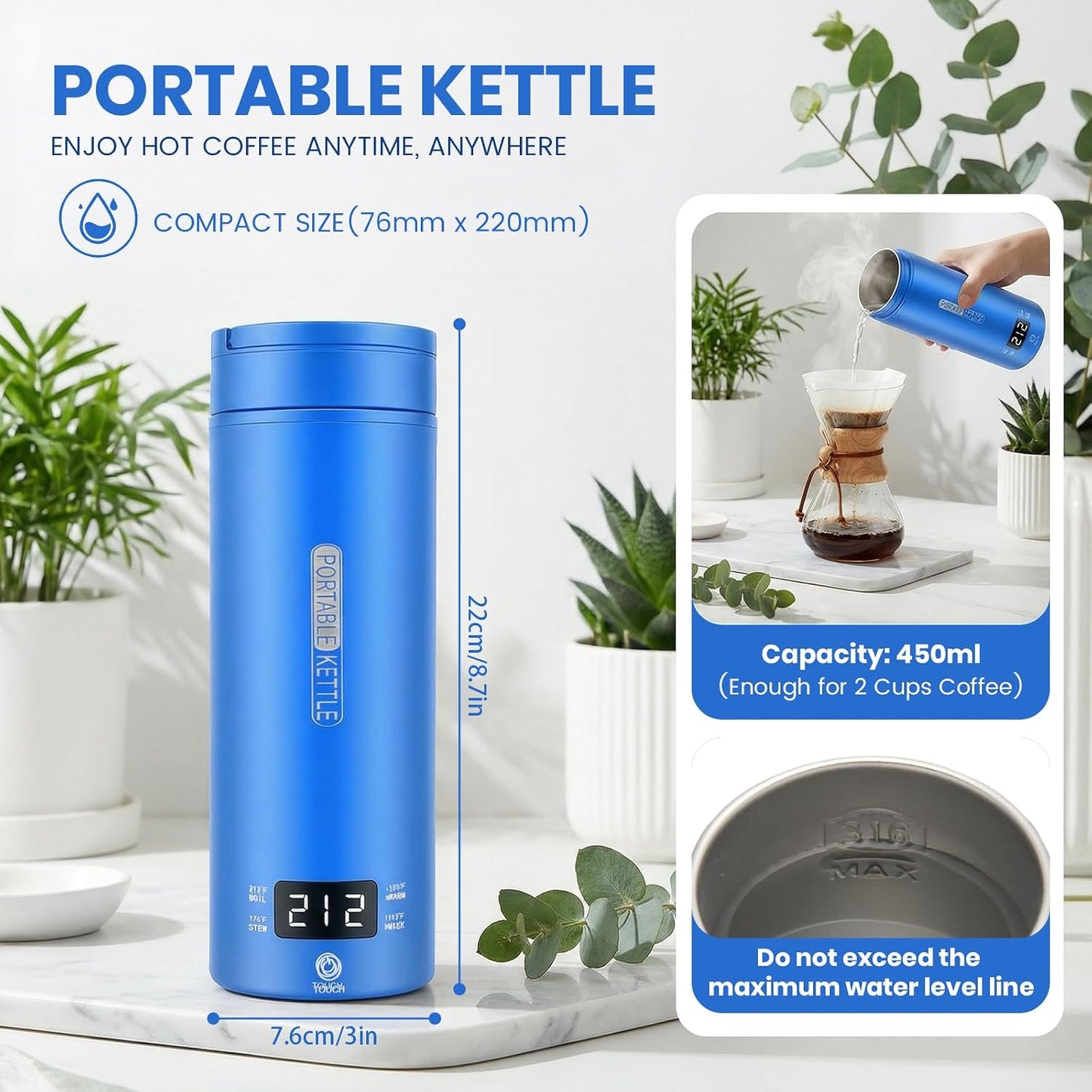 Portable Electric Kettle For Travel, 120V, 450ml, 4 Temperature Control