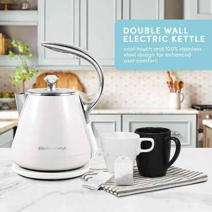 Elite Gourmet 1.7L Dual Wall Cool Touch Electric Tea Kettle, Borosilicate Glass, 304 Stainless Steel Interior, Programmed Digital Touchscreen, Keep Warm, Auto Off & Audible Indicator, Black