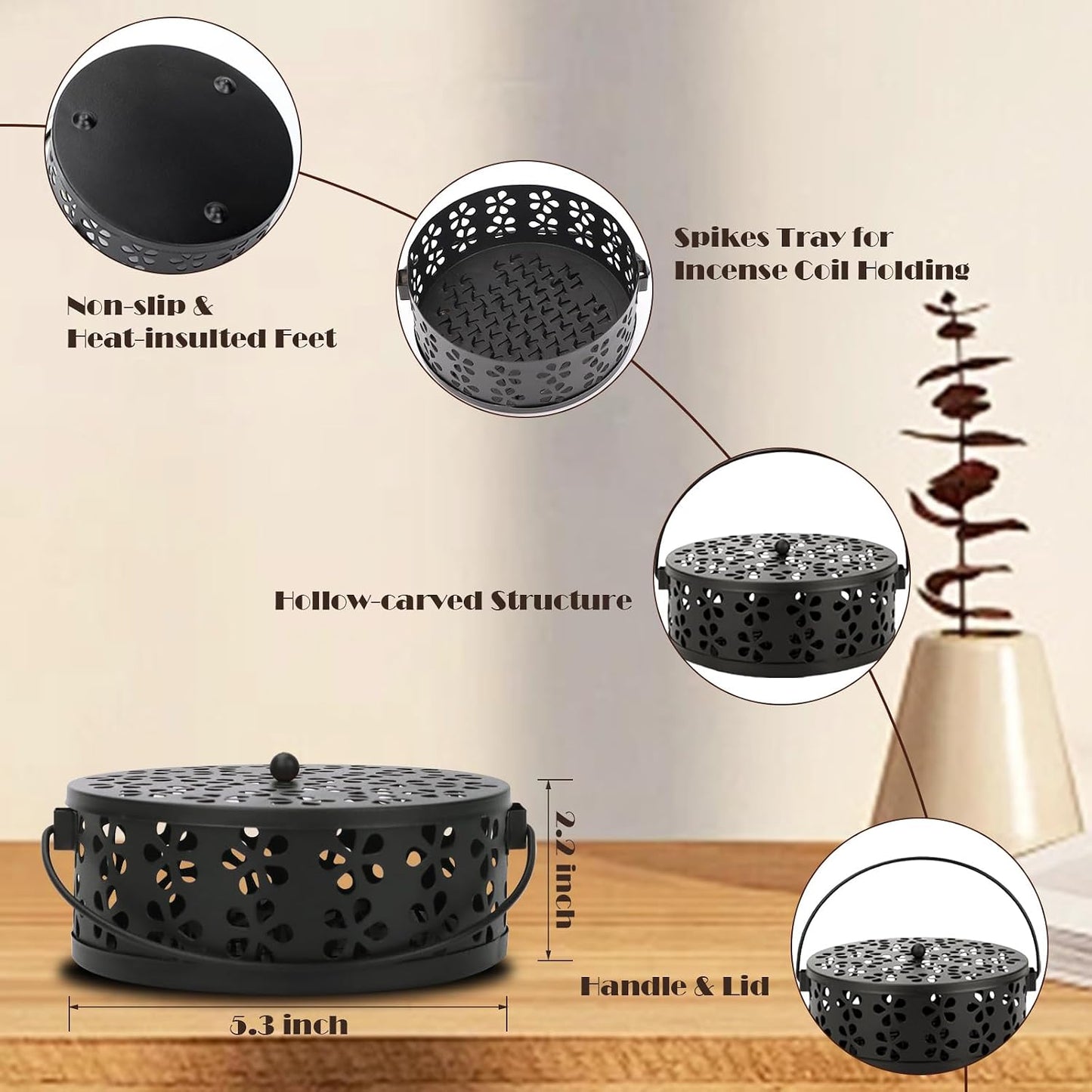 2 Pack Mosquito Spiral Coil Holder Outdoor Hanging Coil Incense Holder with Lid and Handle Citronella Incense Coil Holder (Bronze/Bronze)