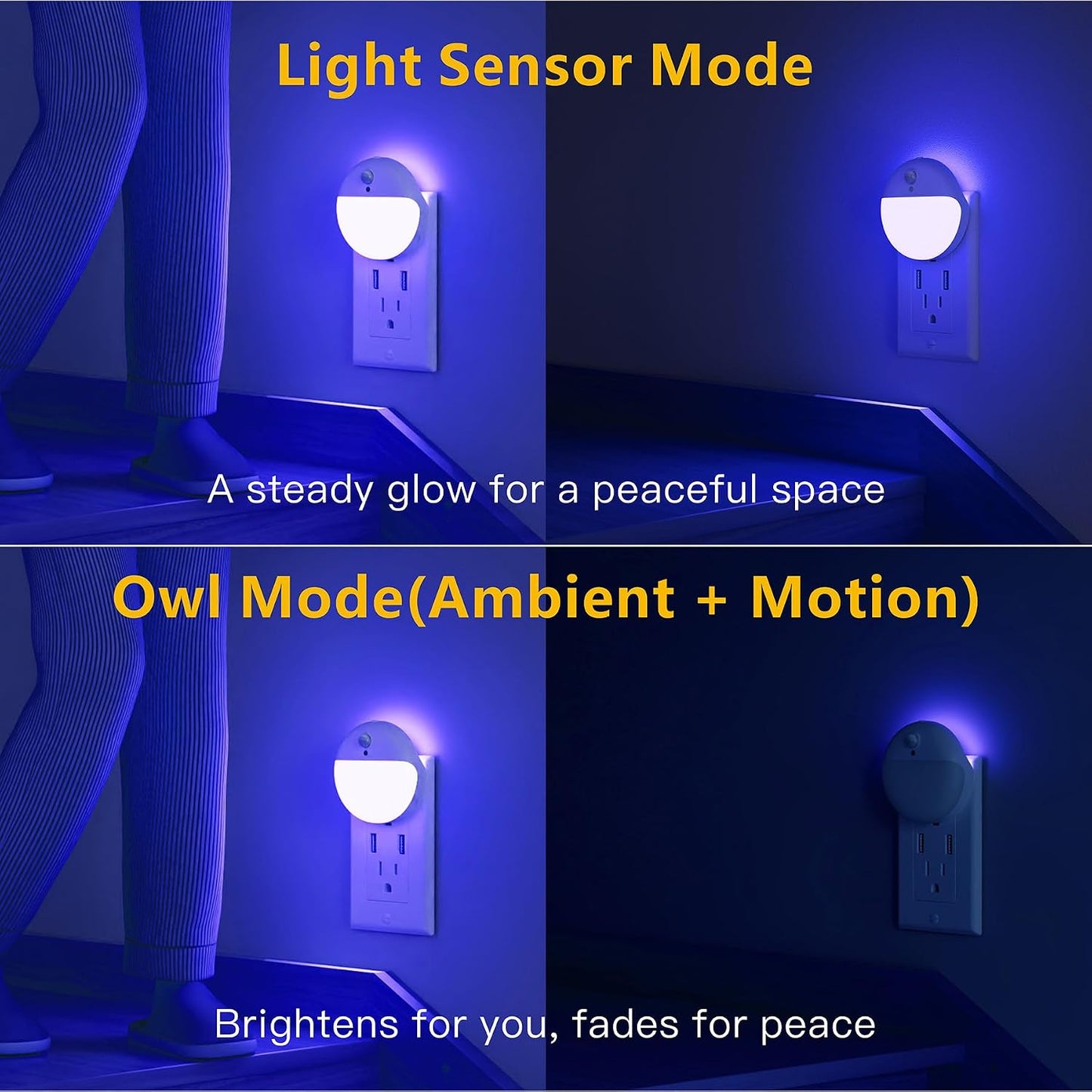 YUNLEX 2 Pack Plug in Sleep Night Light with Motion Sensor and Dusk to Dawn Sensor, 3 Modes, Soft Glow, Stepless Dimming, LED Lights for Bedroom, Sleep, Baby Nursery, Kids, Toddler, Home Decor (Amber)